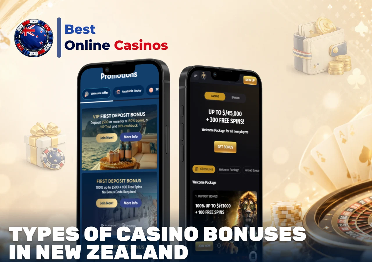 Types of casino bonuses in New Zealand including welcome offers and free spins